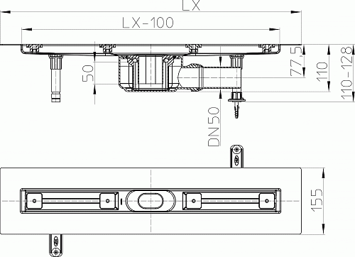 HL 50F/110 Плоский душевой лоток длиной 1000 мм  с решеткой Стандарт длиной 1000 мм
