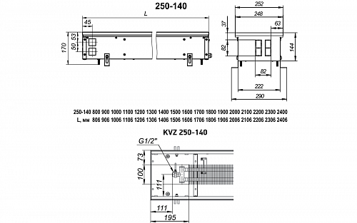 Techno Usual 250-140-2600 KVZ Внутрипольный конвектор с естественной конвекцией