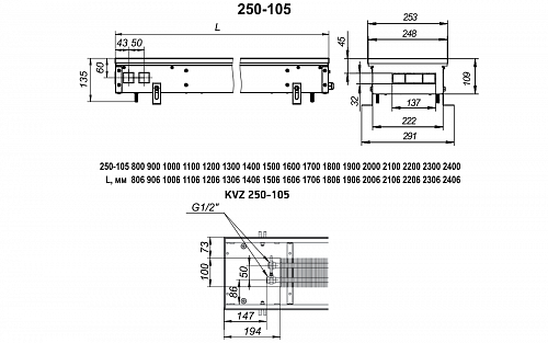Techno Usual 250-105-2800 KVZ Внутрипольный конвектор с естественной конвекцией
